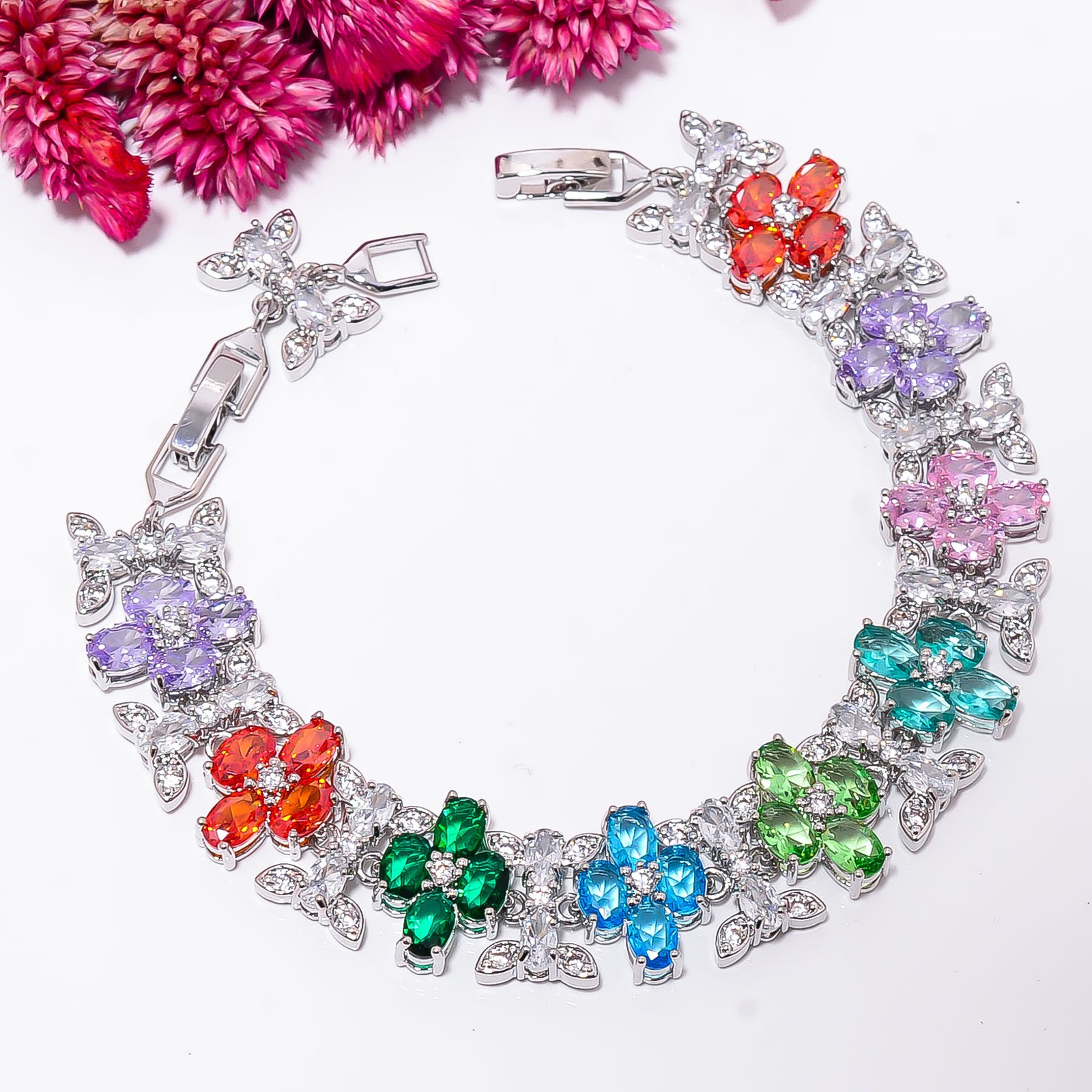 Multi Sapphire -Simulated, CZ 925 Sterling Silver Adjustable Bracelet 7-8″ B938