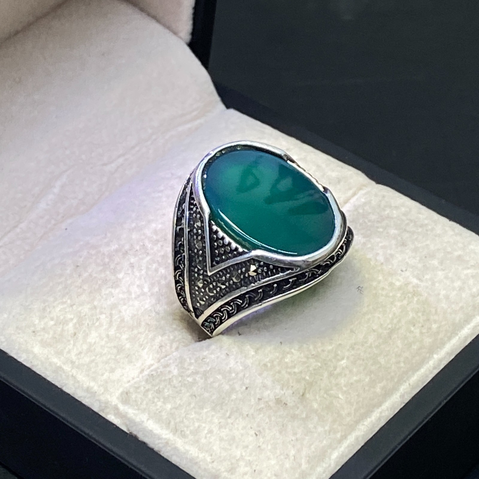 AAA 925 sterling silver ring natural flate green agate aqeeq akik stone all size
