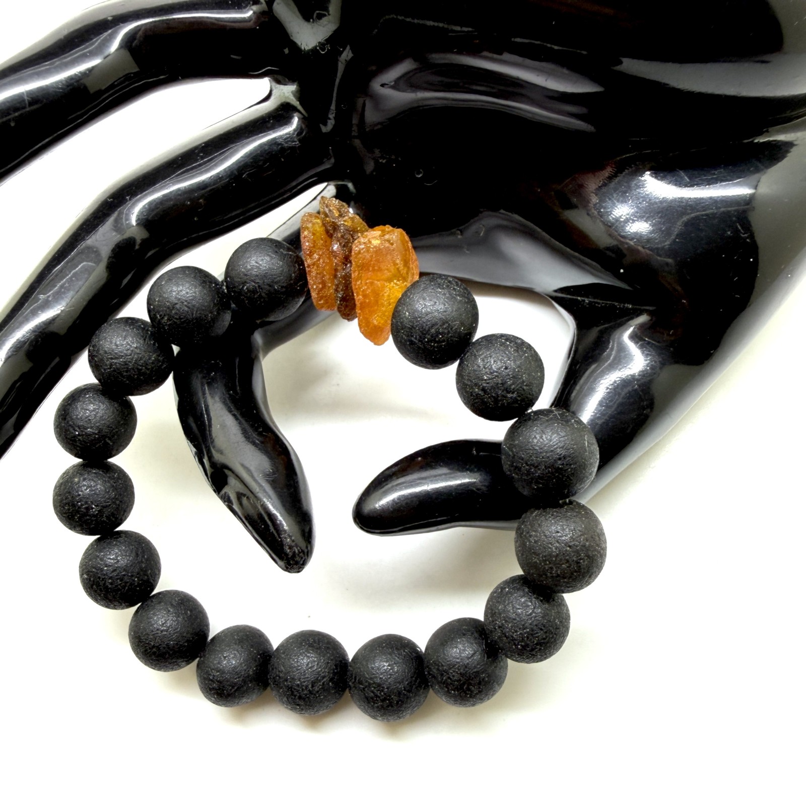 Baltic Amber Beaded Bracelet Black 11mm Stretch Healing 14.2g