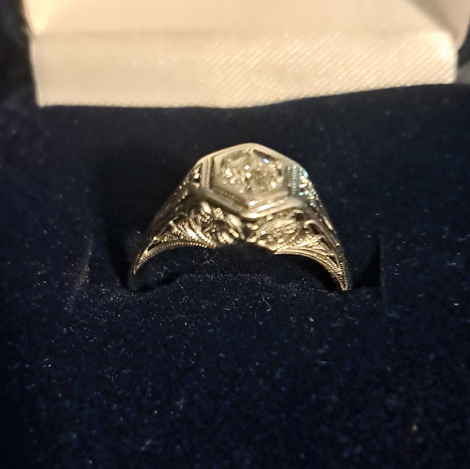 Vintage Style Silver Tone Ring Hexagon Setting with Clear Stone Filigree Detail