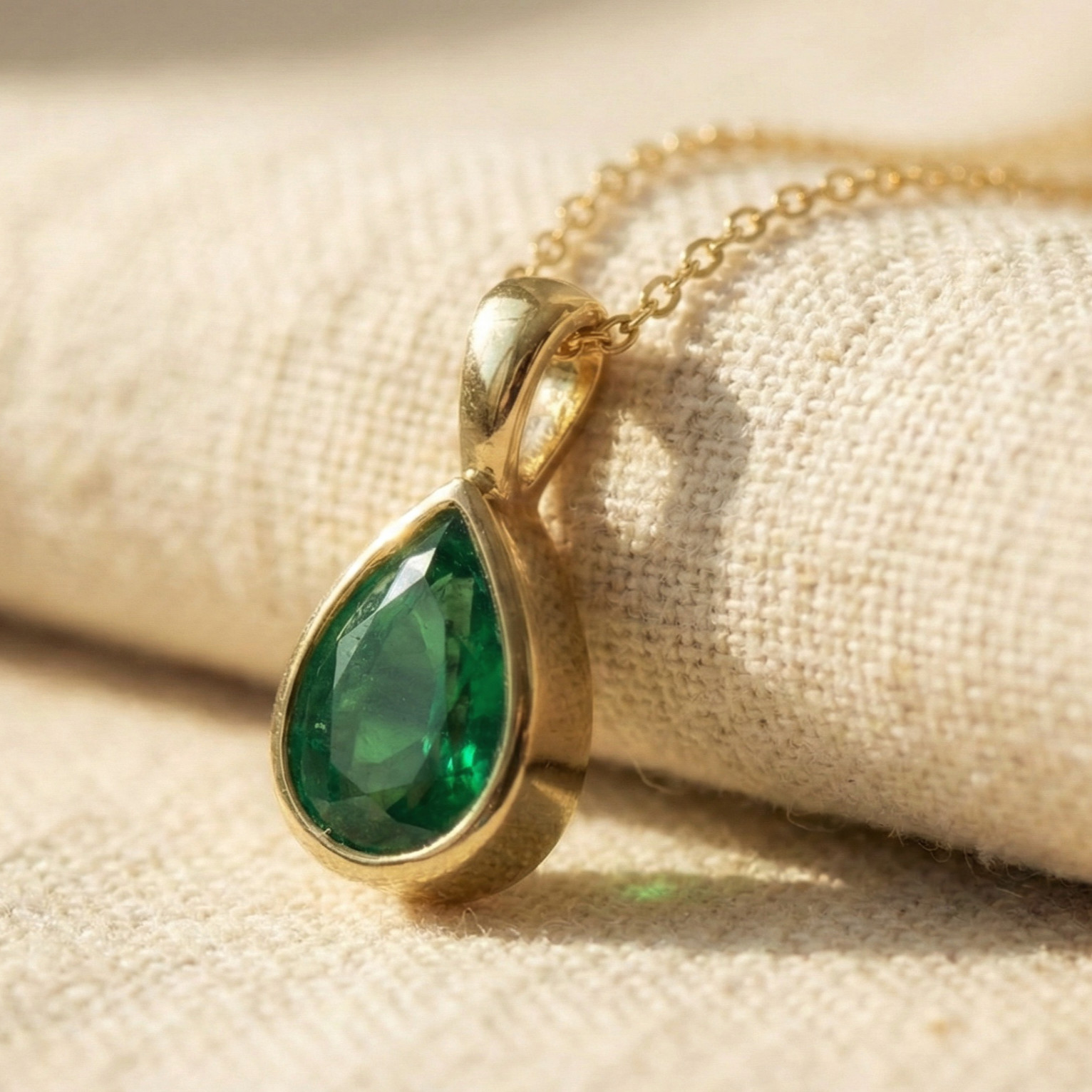 Pear Lab-Created Green Emerald Pendant Necklace, Gold Plated Handmade Pendant