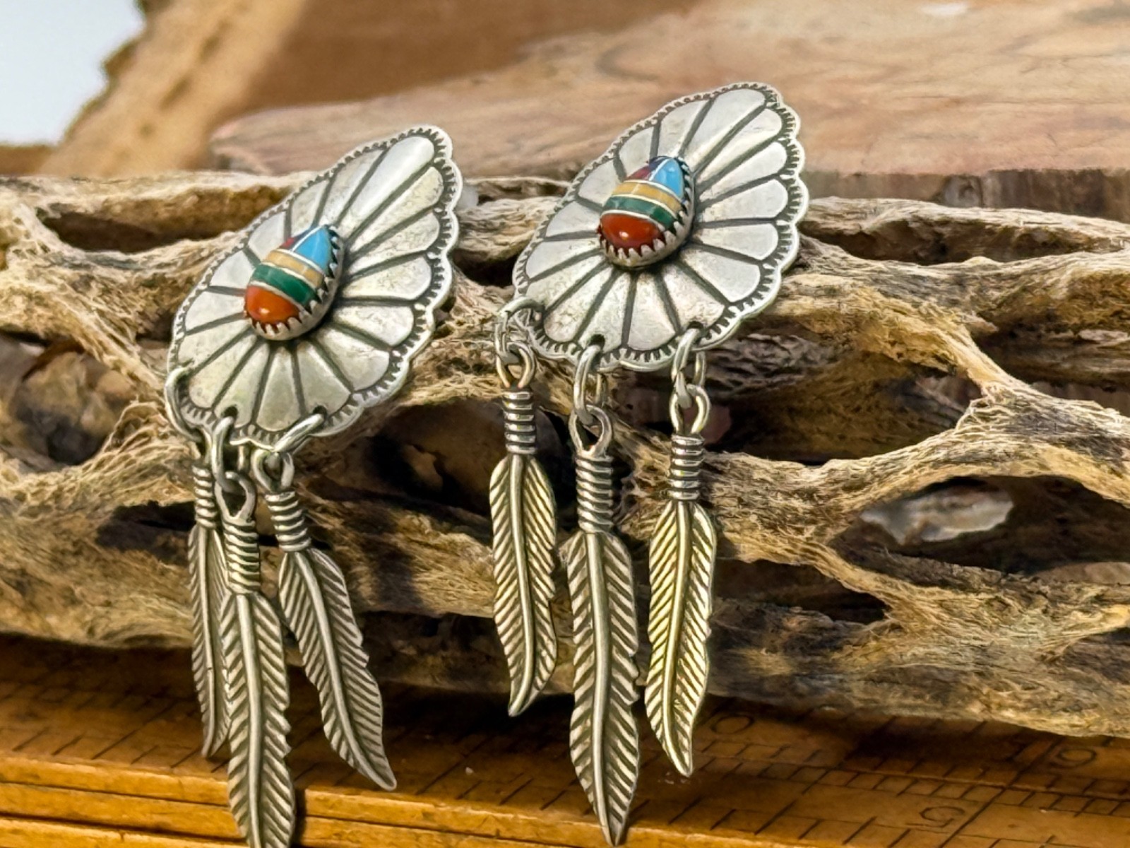 Wheeler Manufacturing Sterling MultiStone Inlay Concho Feather Earrings-2362.25