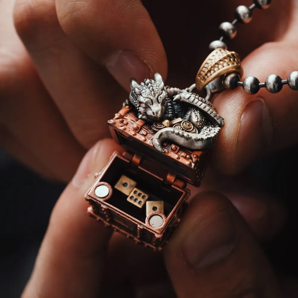 Dragon Treasure Chest Pendant Necklace Keepsakes Jewelry Gift for Men Women