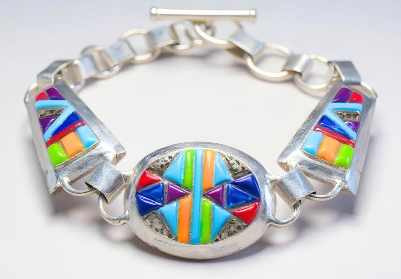 Native Sterling Silver Multi-Gemstone Inlay Cobblestone Toggle Bracelet 17.55g