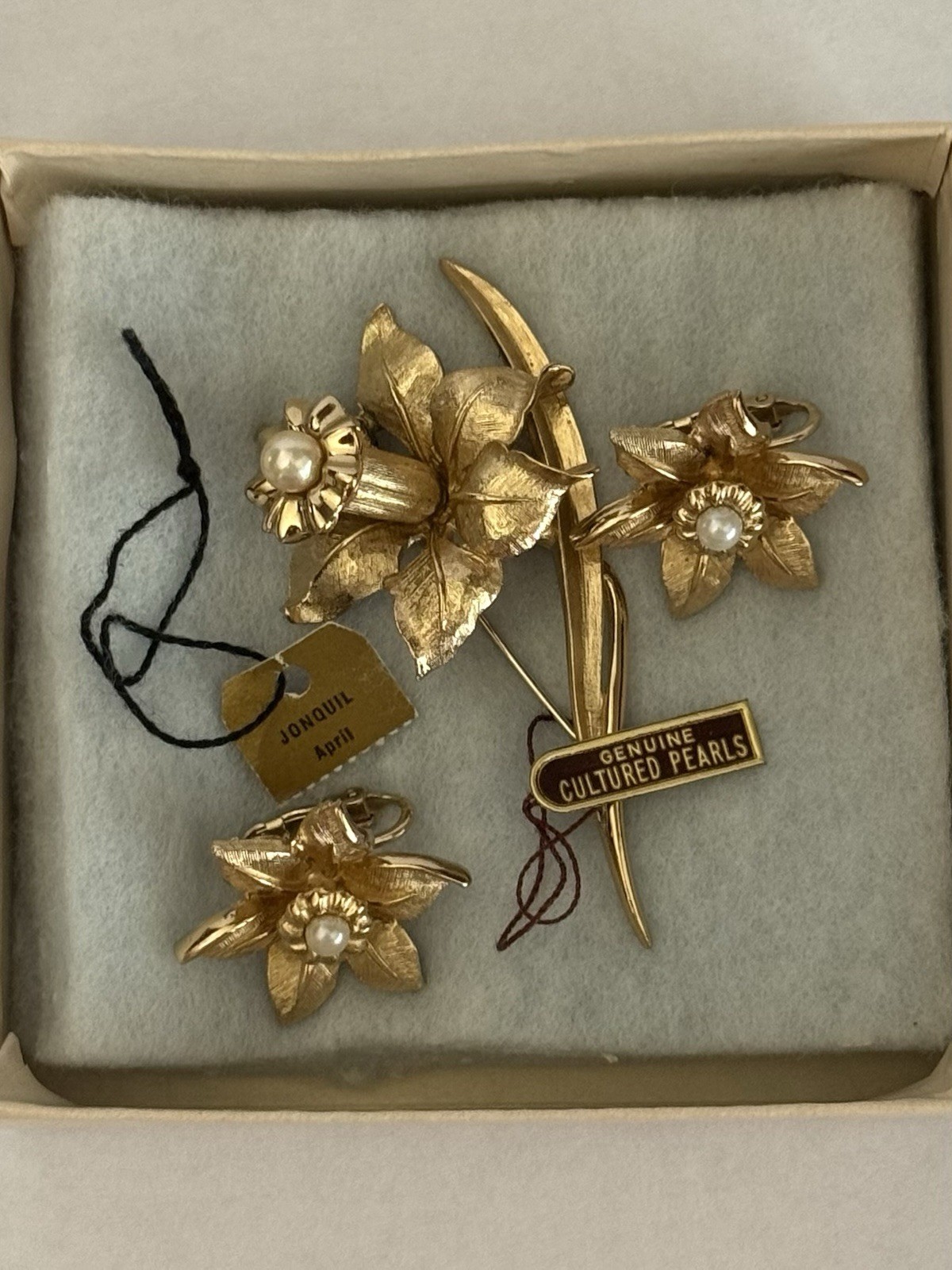 Vintage 1964 Marcel Boucher Jonquil Daffodil Brooch Earring Set Box Tags 8692