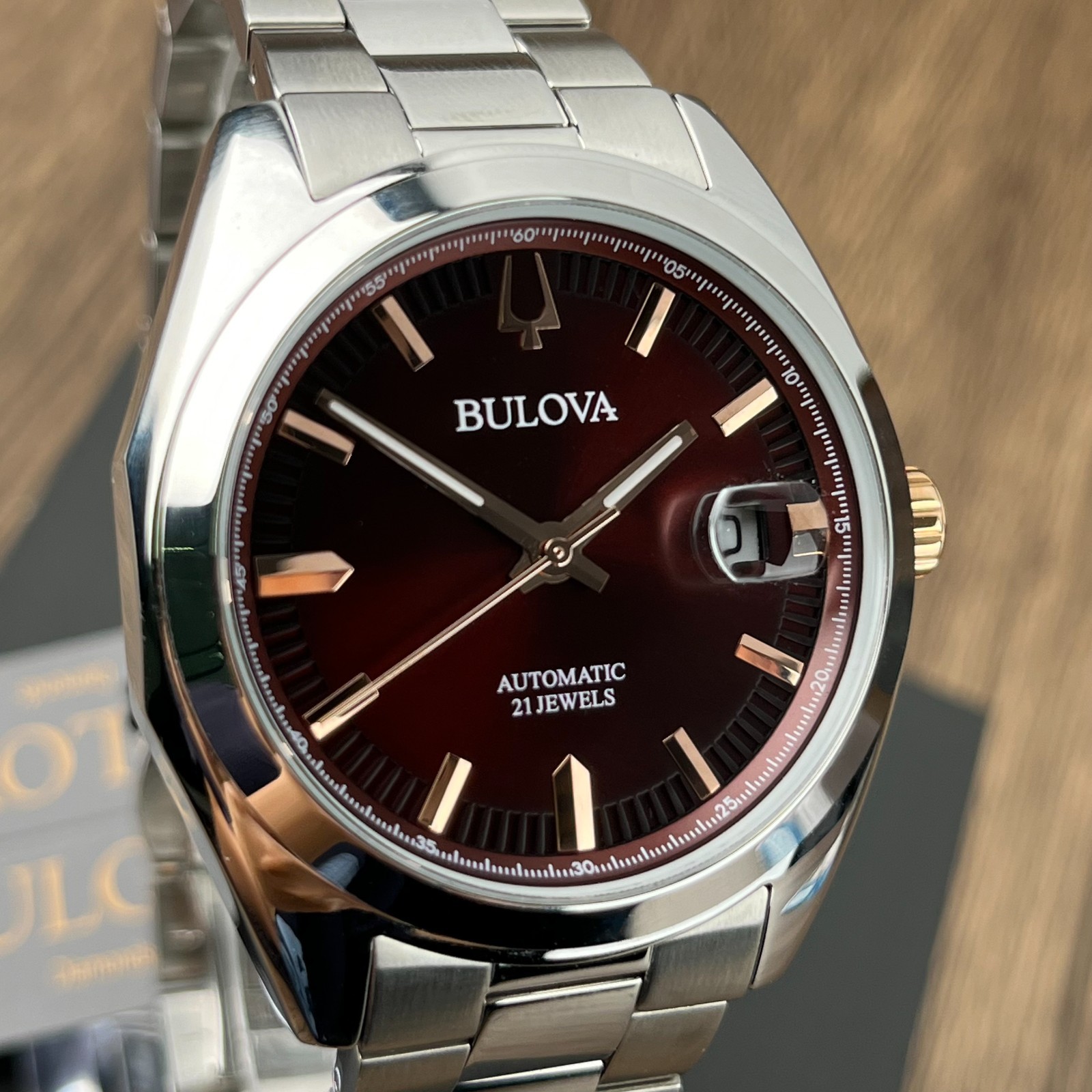 Bulova Surveyor Amber red Dial Stainless Steel Automatic Men’s Watch 98B422