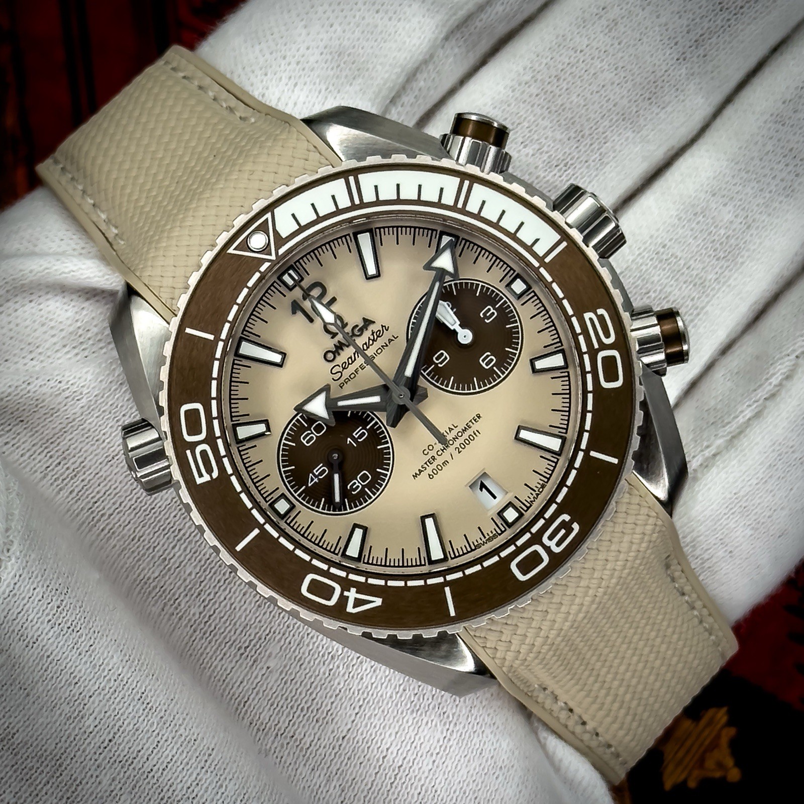 Omega Seamaster Planet Ocean Chronograph Beige Dial 45.5mm 215.32.46.51.09.001