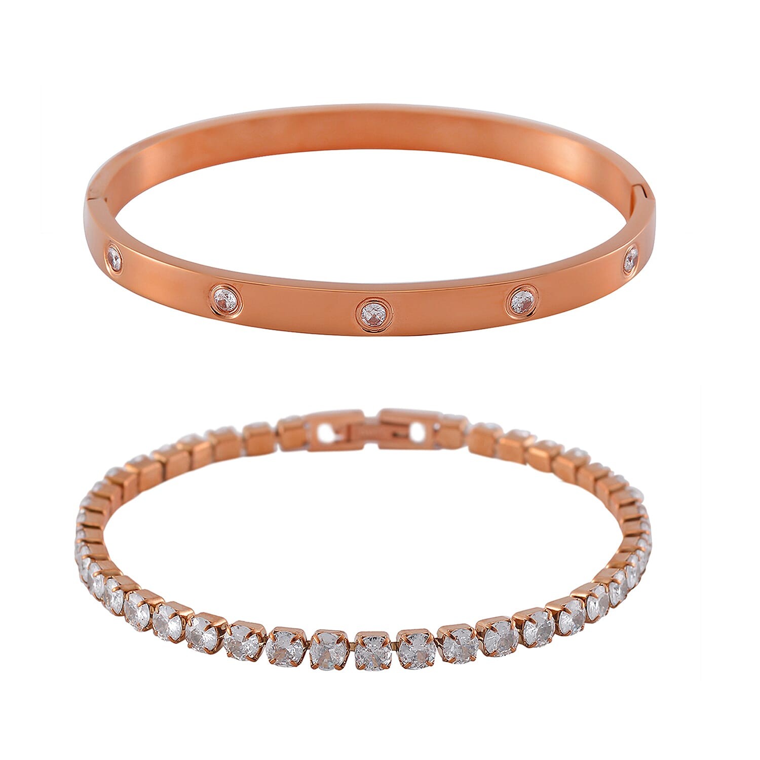 Cubic Zirconia 7.25In Bracelet 7.50In in ION Plated Rose Gold Stainless Steel