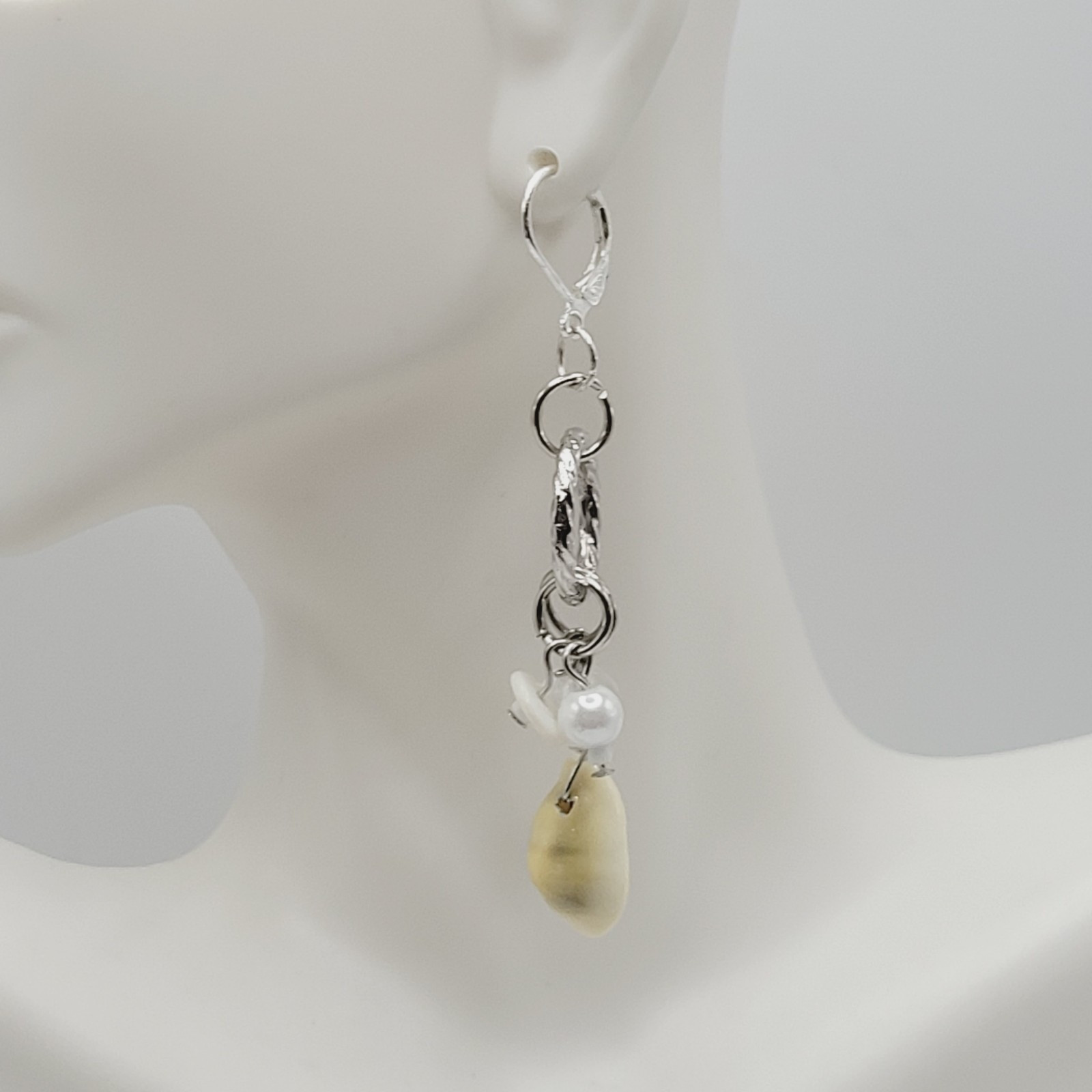 Handcrafted Boho Cowrie Shell Dangle Earrings Silver Tone Cluster Beaded Coastal