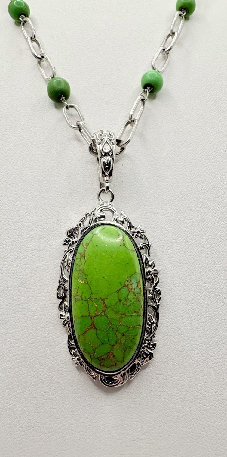Mojave Green Turquoise Pendant Necklace Bead Station Paperclip Chain 18-20 in