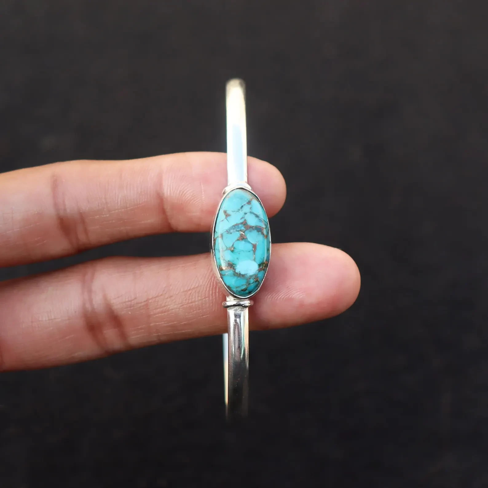 Royal Blue Copper Turquoise Gemstone 925 Sterling Silver Handmade Bracelet -69
