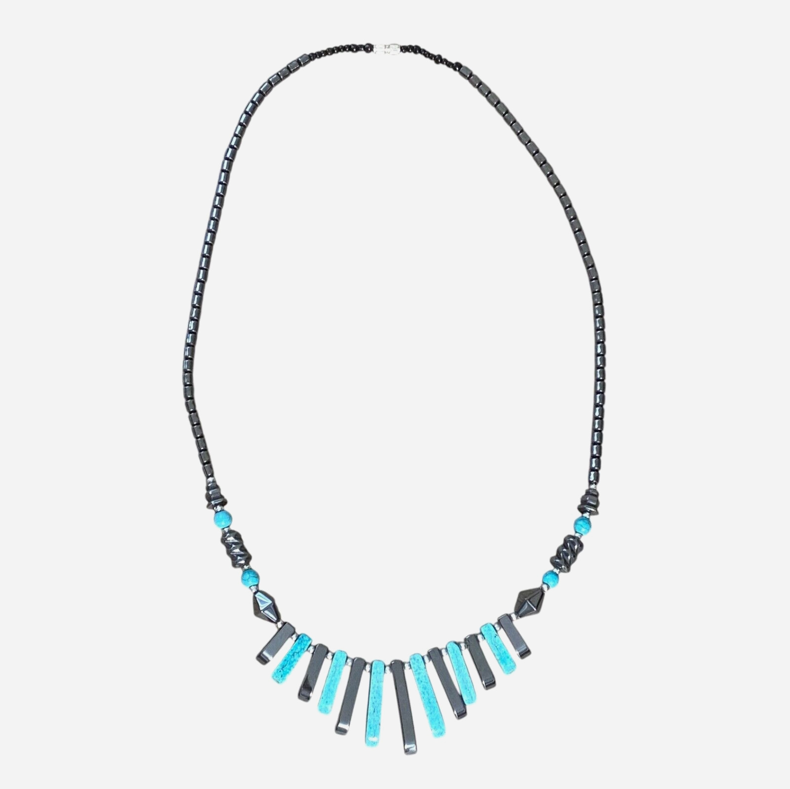 Vintage Turquoise Blue Dyed Gemstone Bib Necklace Carved Polished Shiny Fringe