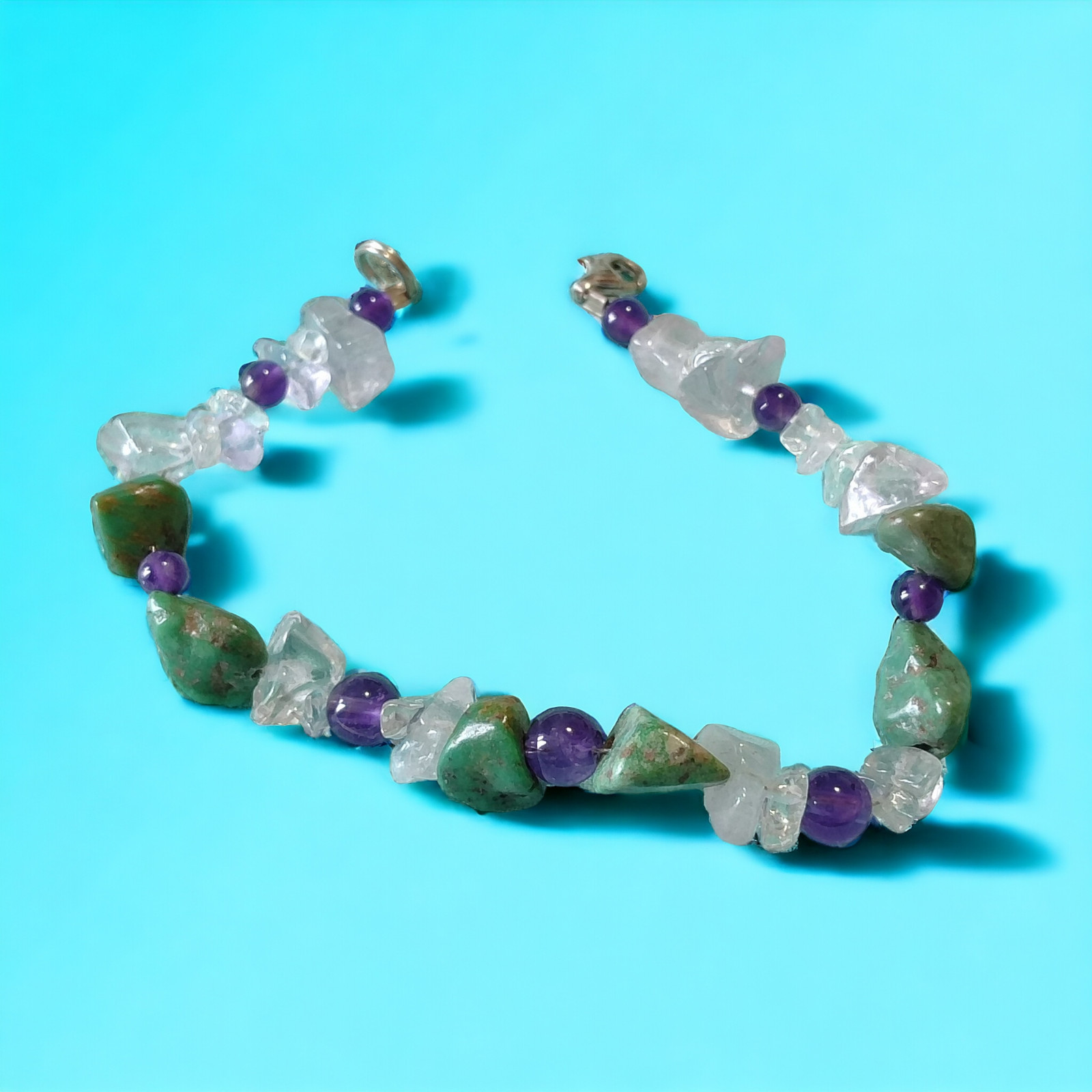 Sterling Silver Amethyst Quartz And Turquoise Bead Bracelet 7.2in Long