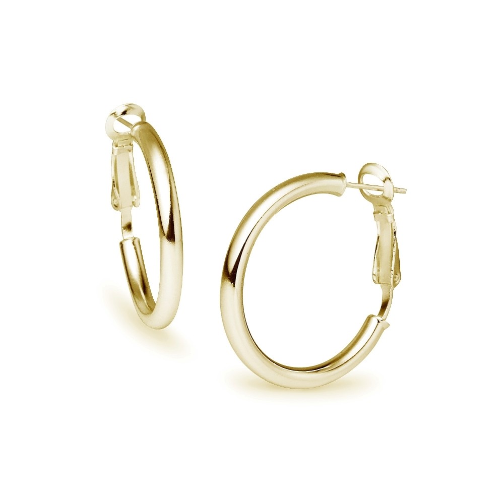 Round Clutchless 3x30mm Hoop Earrings in Polished Yellow Gold Plated 925 Silver