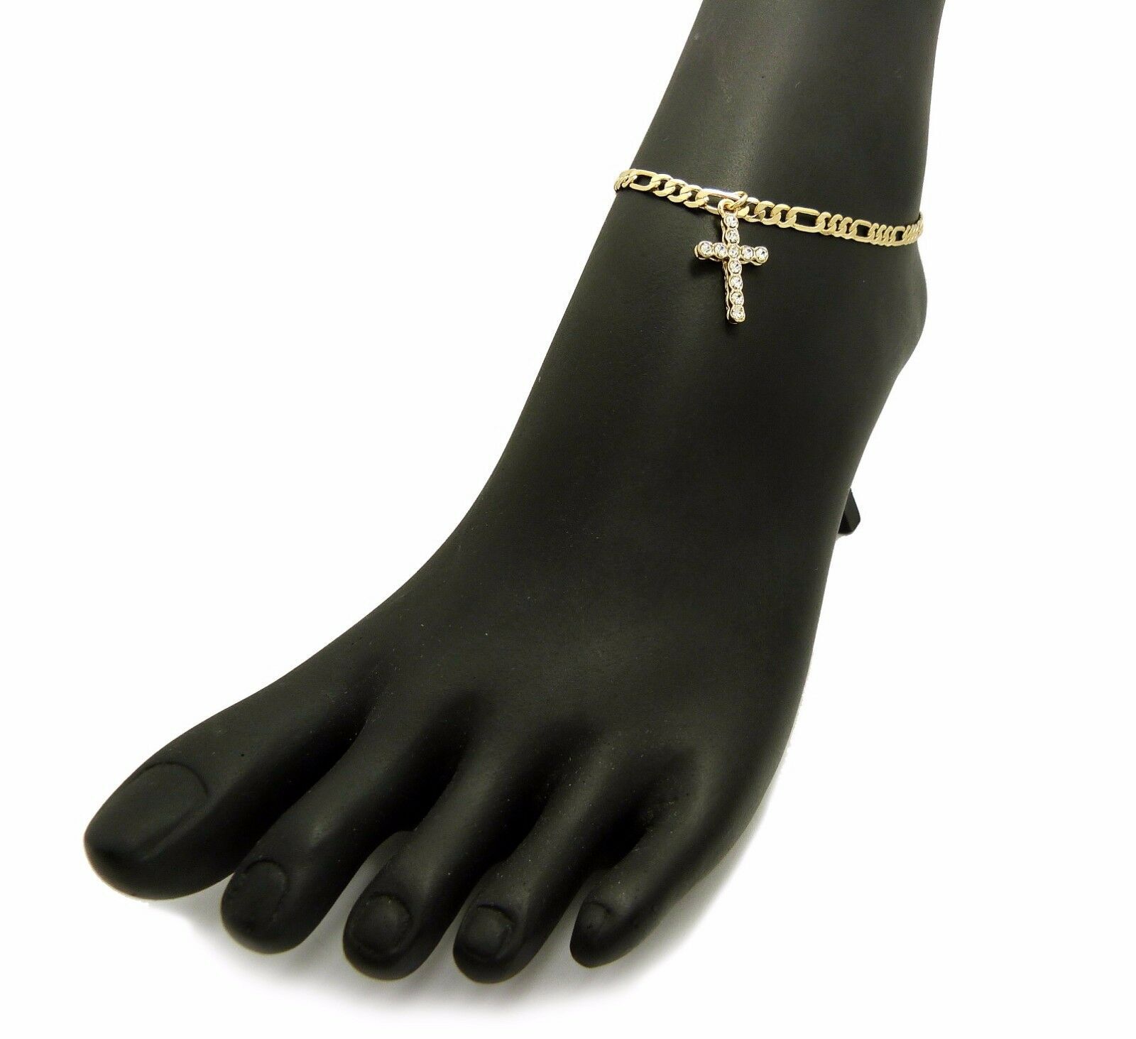 GOLD PLATED CUBIC ZIRCONIA CROSS 3mm 10″ FIGARO CHAIN FASHION ANKLET BRACELET