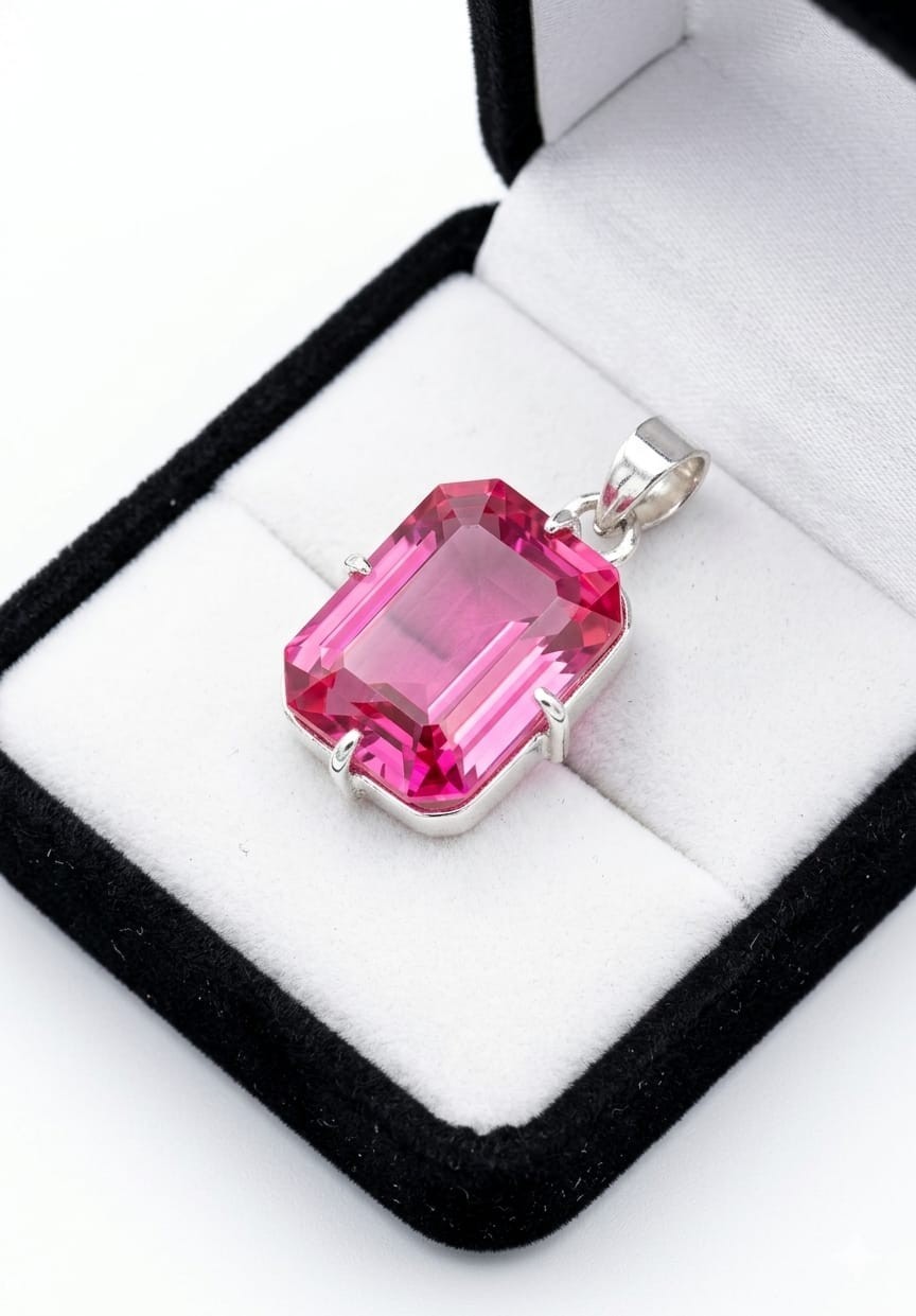 49 Ct A++ Natural Pink Sapphire Emerald Cut 925 Solid Silver Pendant Gemstone