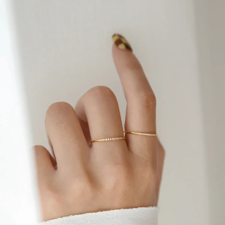 CZ Ring 1mm Thin Round Zircon Gold Tone Stackable Engagement Women Jewelry
