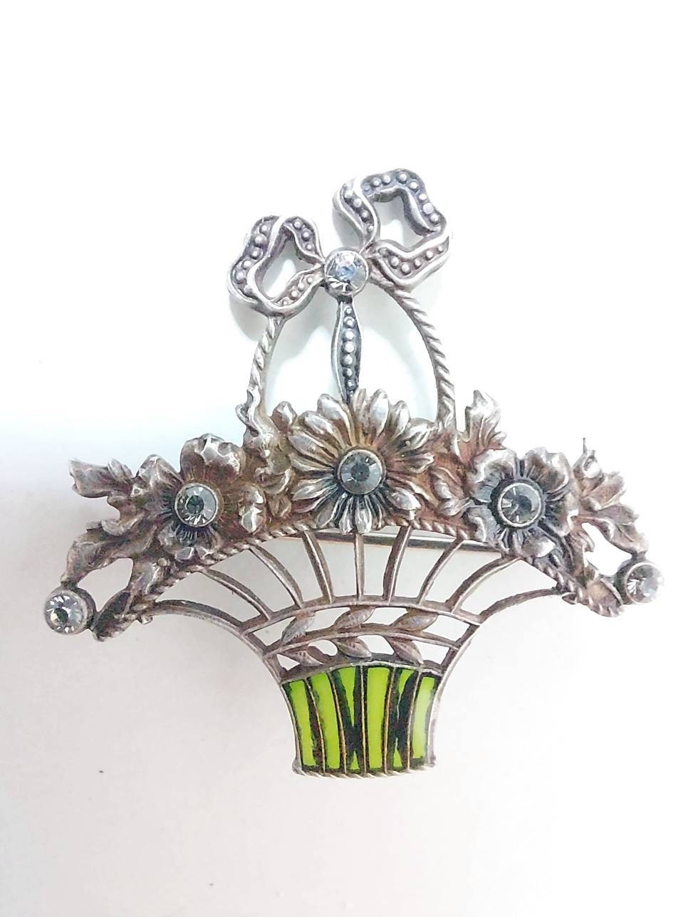 Sterling Silver enamel & crystals Catherine Popesco brooch flower basket France