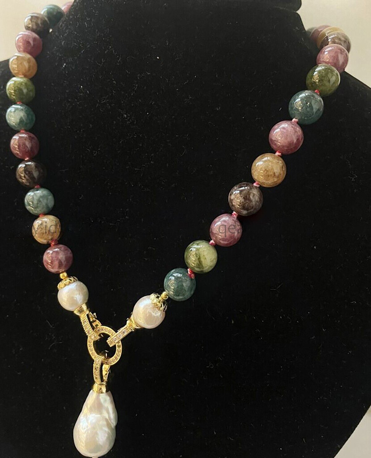 Multicolor Tourmaline Round Gemstone White Keshi Baroque Pearl Pendant Necklace