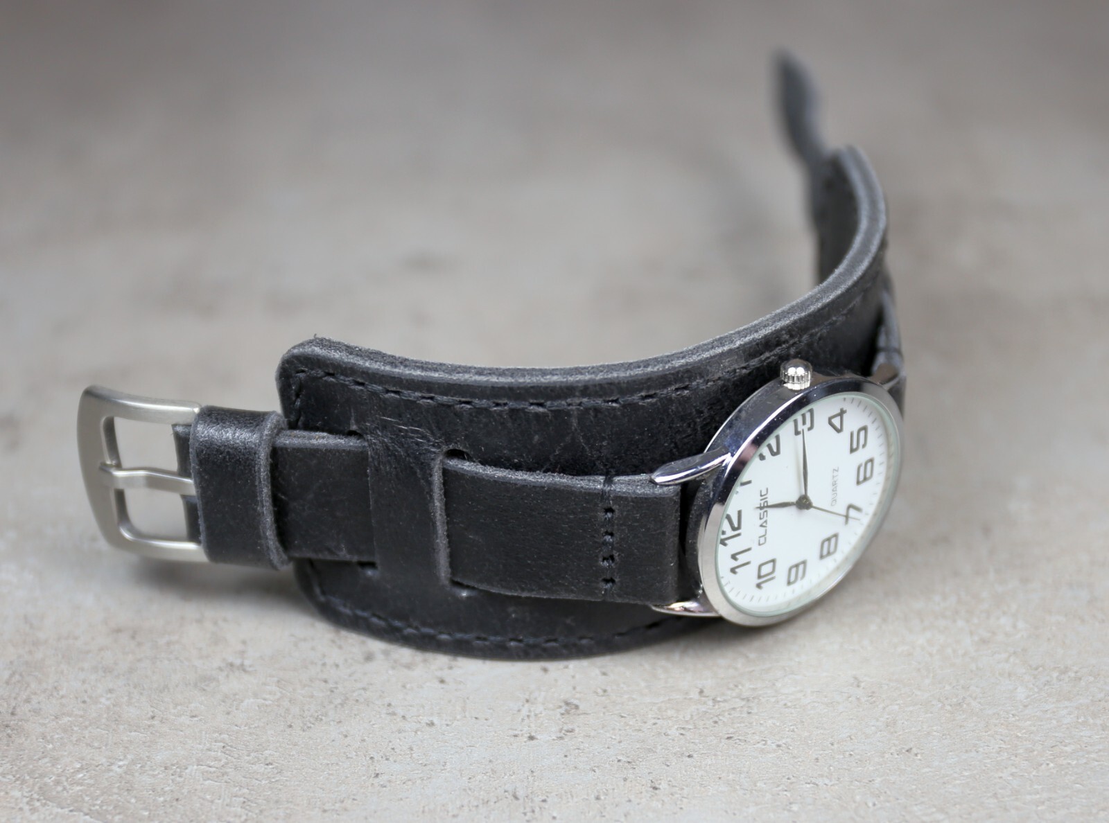 Leather watch bund band Military Black Distressed strap cuff pad 18mm 20 22 26mm