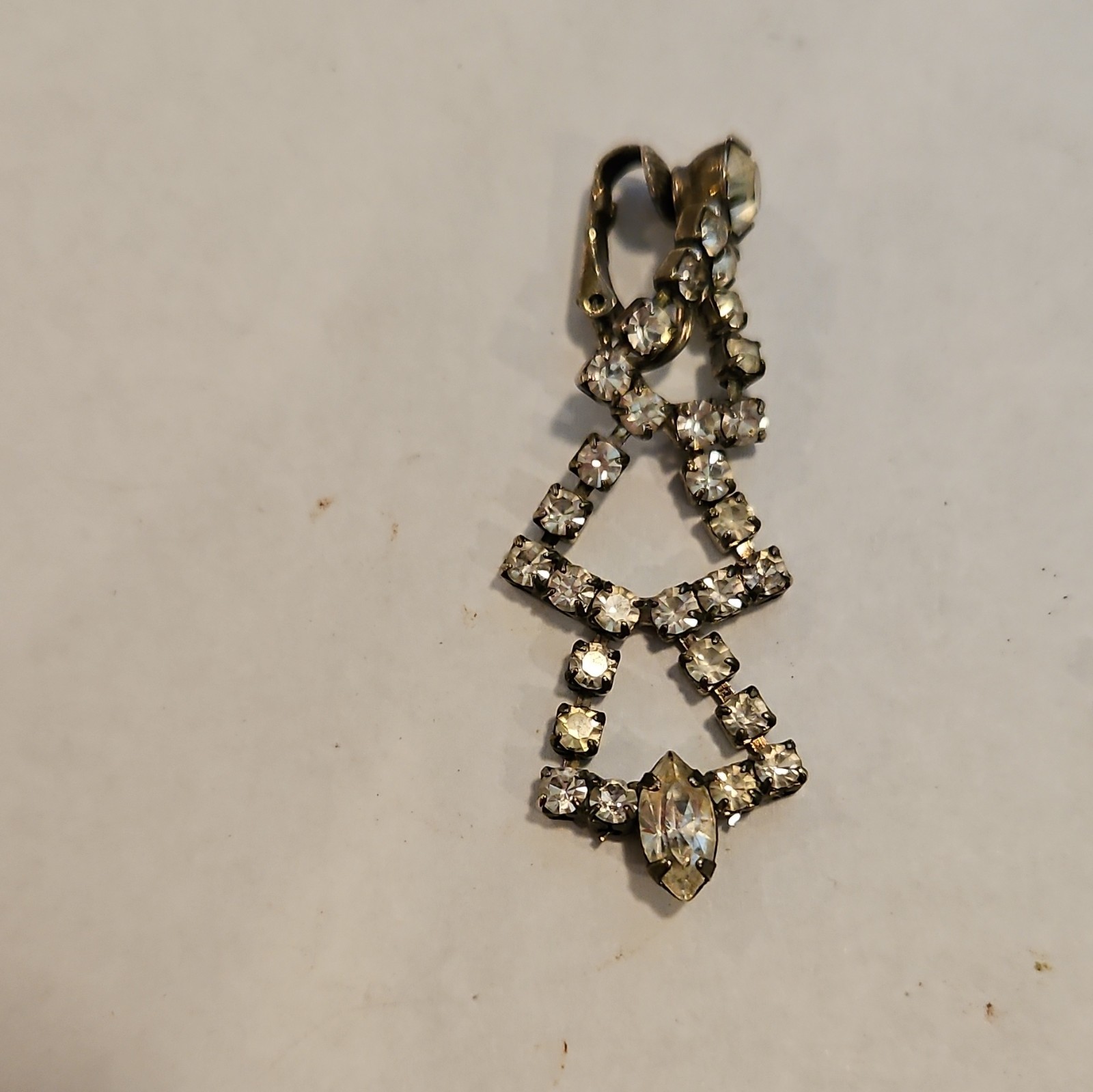 Clear Rhinestone Geometric Dangle Clip-On Earrings Silver Tone Double Triangle