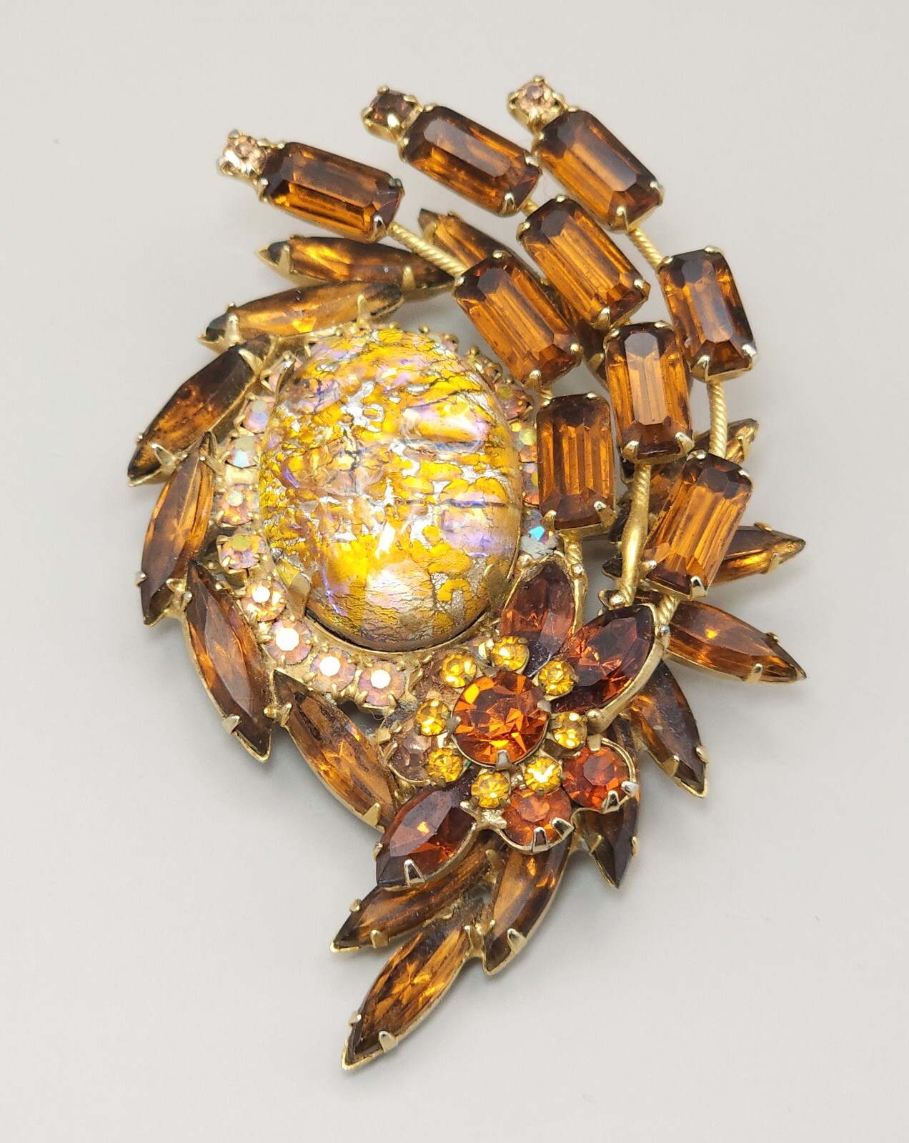 Juliana D&E Amber Rhinestone Easter Egg Brooch Navette Gold Brown Crackled Nest