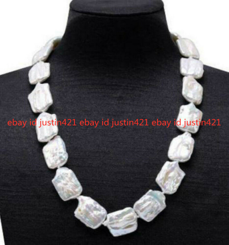 Natural 17×21mm White Rectangle Baroque Freshwater Pearl Necklace 16-36″ AAA