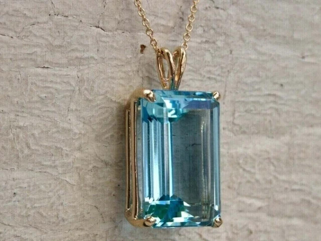 14K Yellow Gold Plated 3.25Ct Emerald Cut Lab Created Aquamarine Women’s Pendant