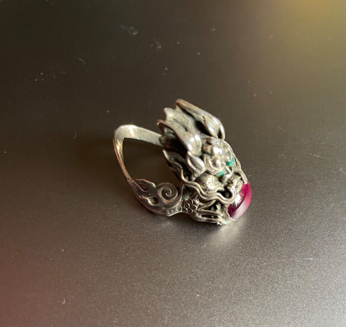 handmade 800 silver ring, bali, dragon, carnelian and turquoise, size 7, 6.00 g