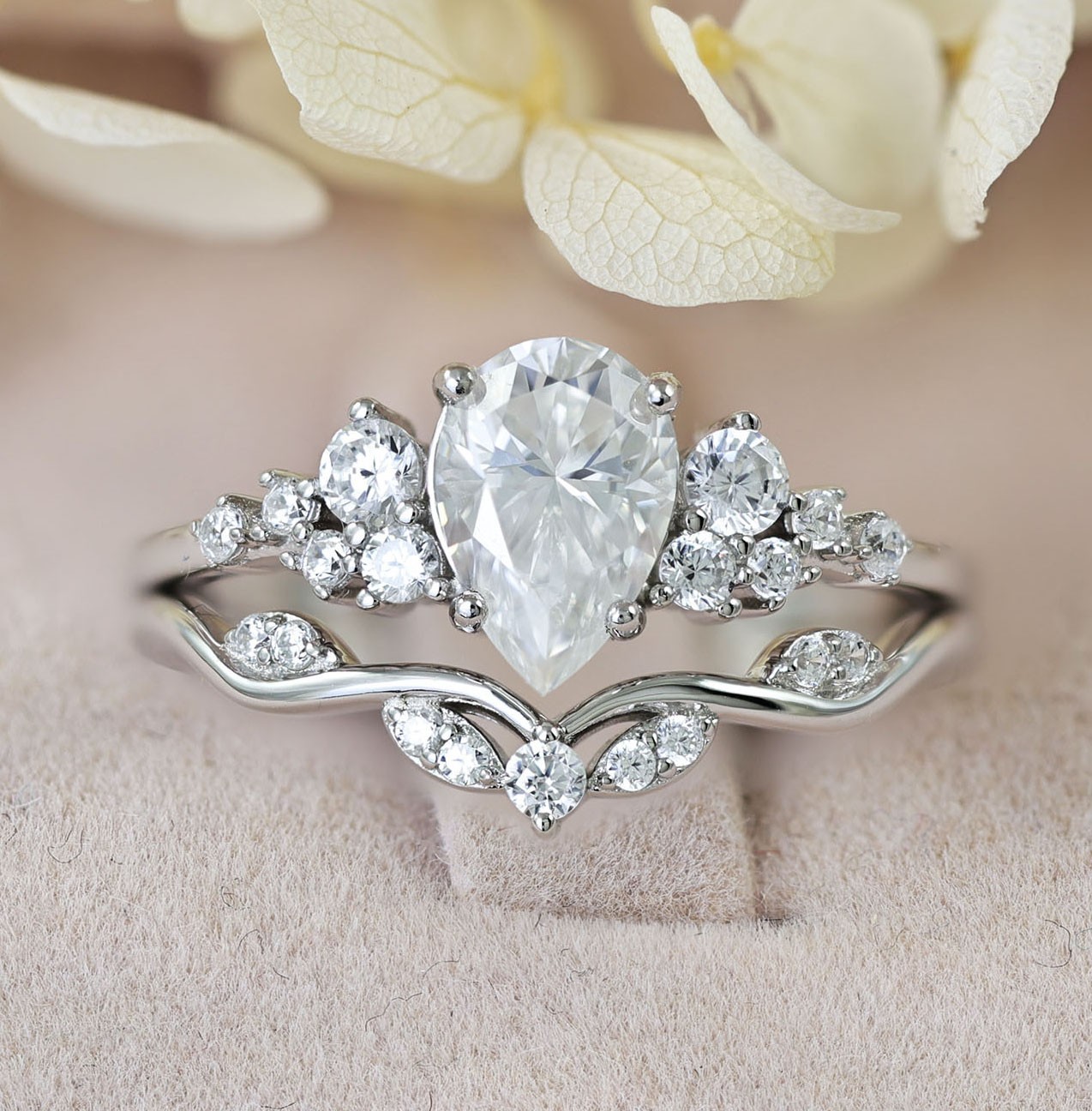 1.5ct Pear Cut Moissanite Wedding Engagement Ring Set Sterling Silver M19390