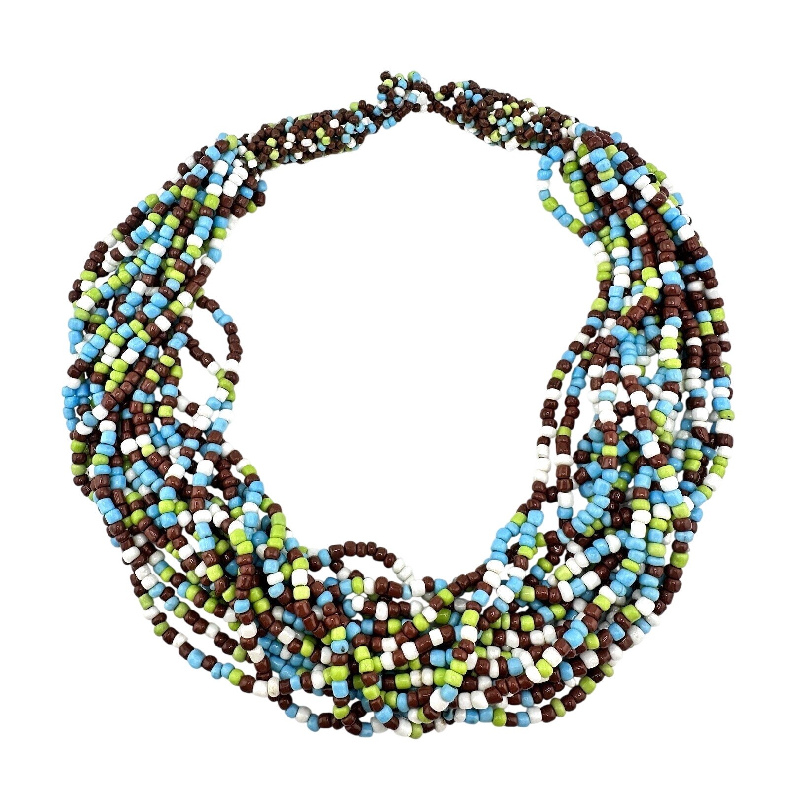 Boho Handmade Chunky Multistrand Blue Brown Green White Glass Bead 19” Necklace