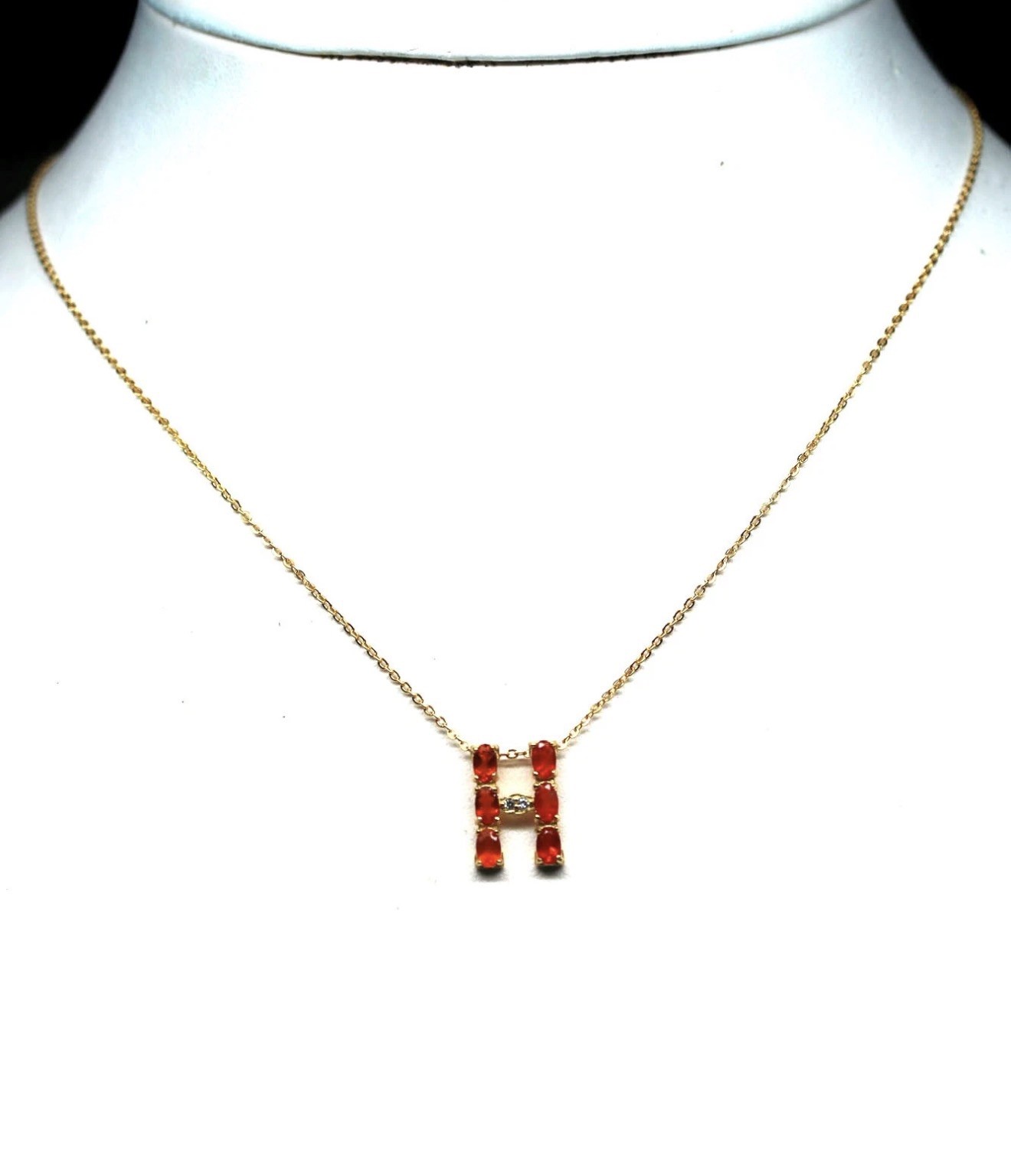 Natural Orange Fire Opal Initial “H” Pendant Necklace 18K Gold over 925 SS 20 in