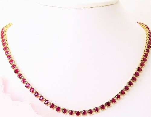 66.10 CT Oval Cut Red Ruby 14k Yellow Gold Over Tennis Necklace 16″ 935 Silver