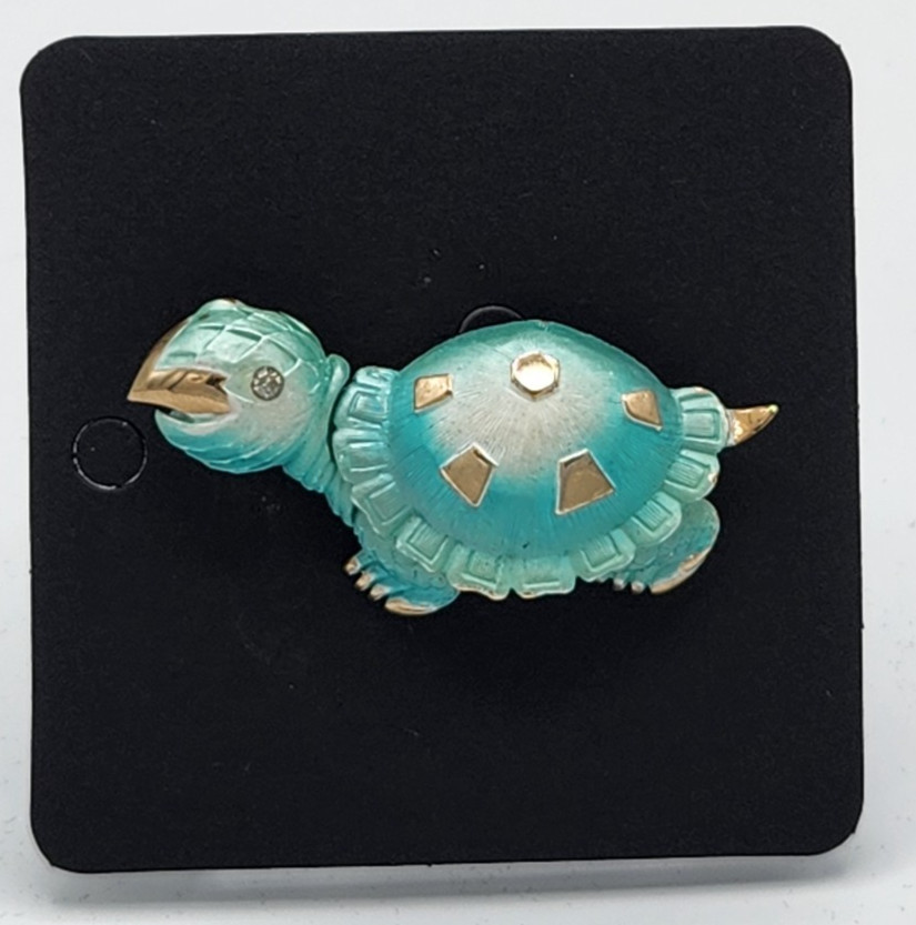 Vintage Teal Ombre Enamel Gold Tone Moving Head Turtle Pin Brooch