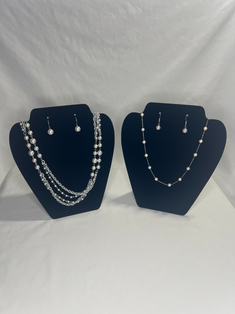 4Pc Faux Pearl Jewelry Set Layered Station Chain Necklace Dangle Earrings Silver