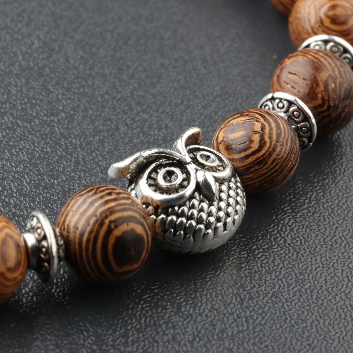3 Pcs Men’s Woman 8MM Owl Buddha Wooden Beaded Bracelets Jewelry Stretch Bangle