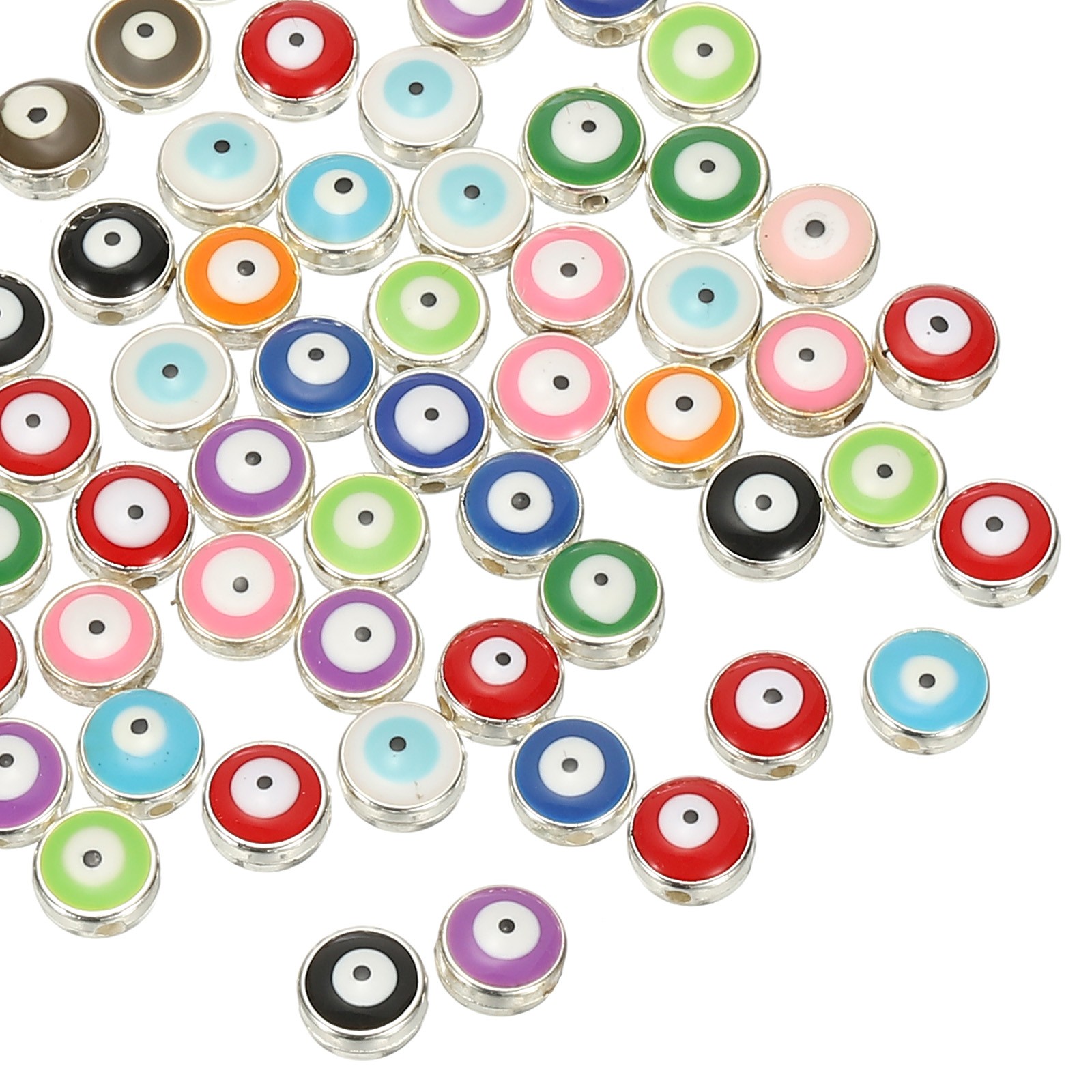 60 Pcs 8mm Flat Round Evil Eye Beads with Silver Edge, Mix Color