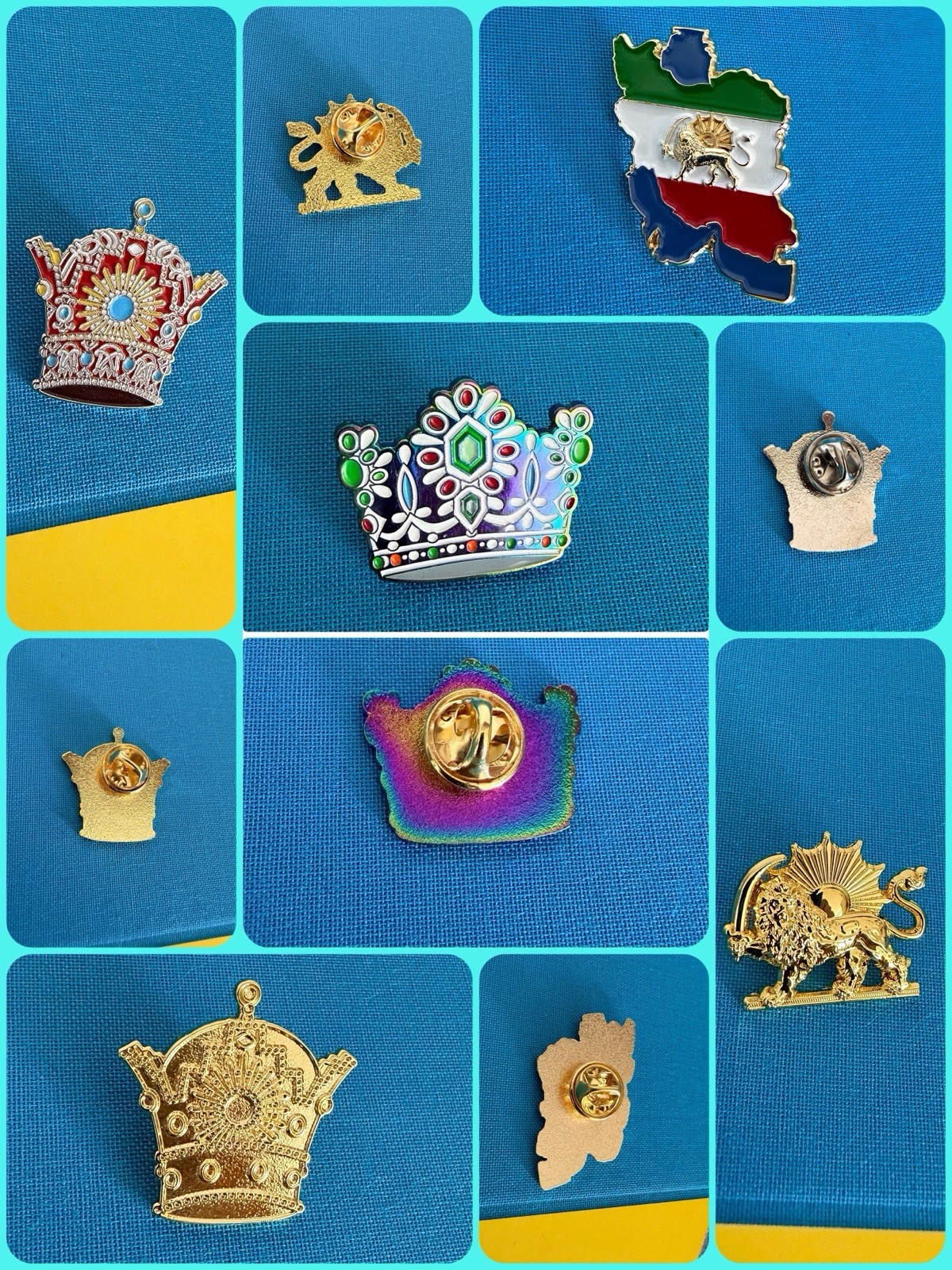 vintage mixed lot lapel pins CROWN QUEEN KING IRAN MAP ست تاج و نقشه ایران پهلوی