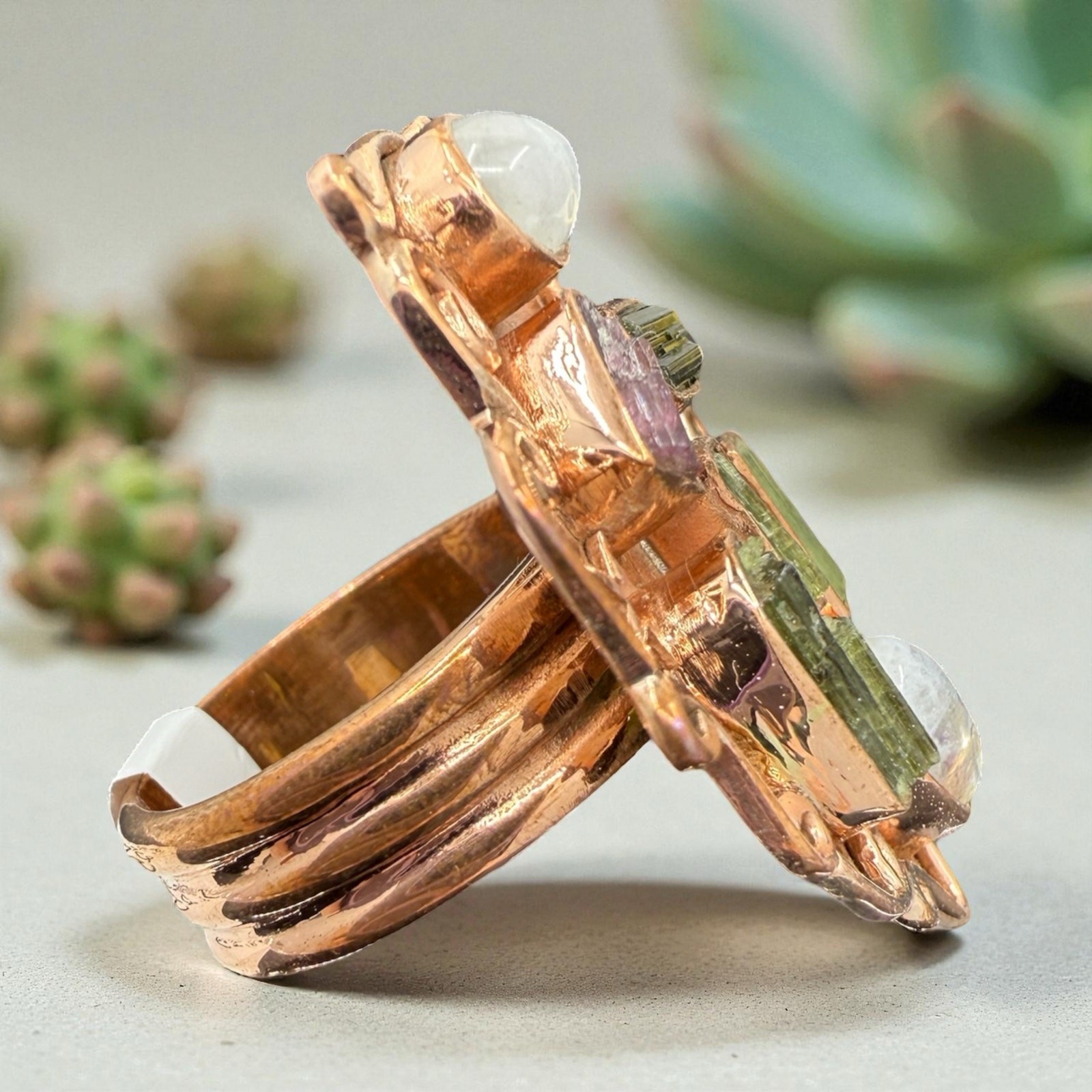 Pink Green Tourmaline Moonstone Wide Band Copper Ring Sz 8.25 Handmade Artisan