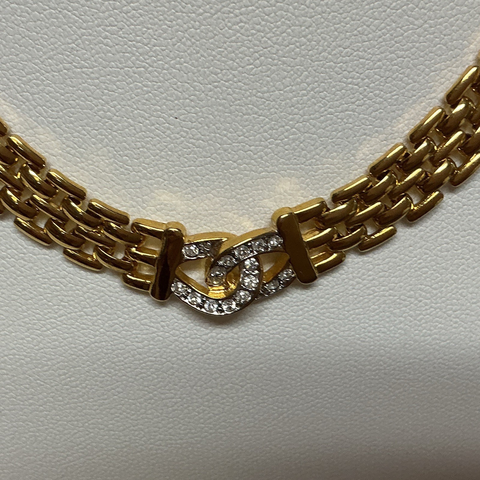 Gold Tone Multi-Row Link Chain Necklace Clear Crystal Pavé Swirl Box Clasp 18 in