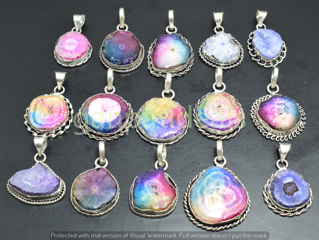 Solar Quartz Druzy Gemstone Pendant 925 Silver Plated Wholesale 5pcs Jewelry Lot