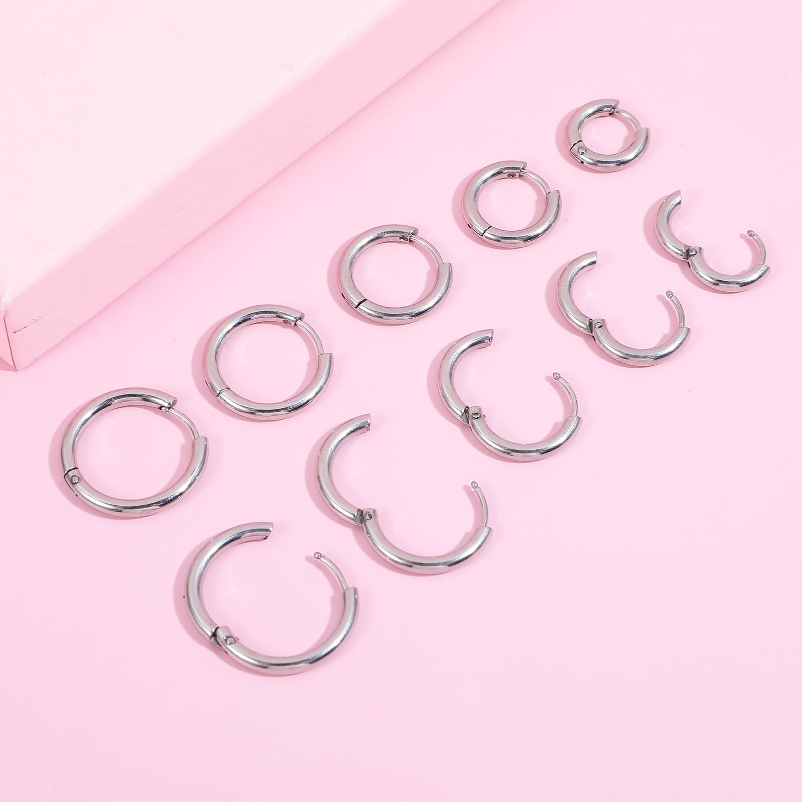 5 Pairs Solid Titanium Hoop Earrings 8mm, 10mm, 12mm, 14mm, 16mm, silver