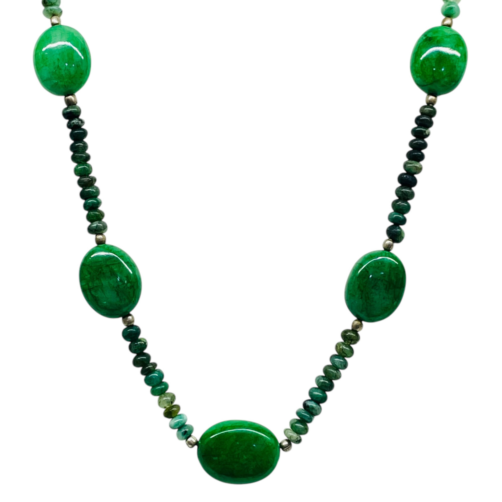 23′ Natural Emerald Designer Necklace Cabochon Beads 925 Silver Clasp