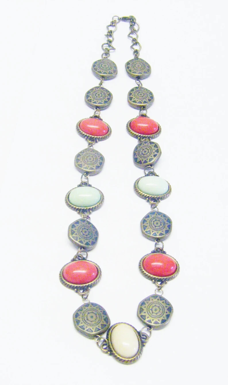Multicolor Oval Resin Cabochon in Antique Bronze Base Necklace/Earrings Set