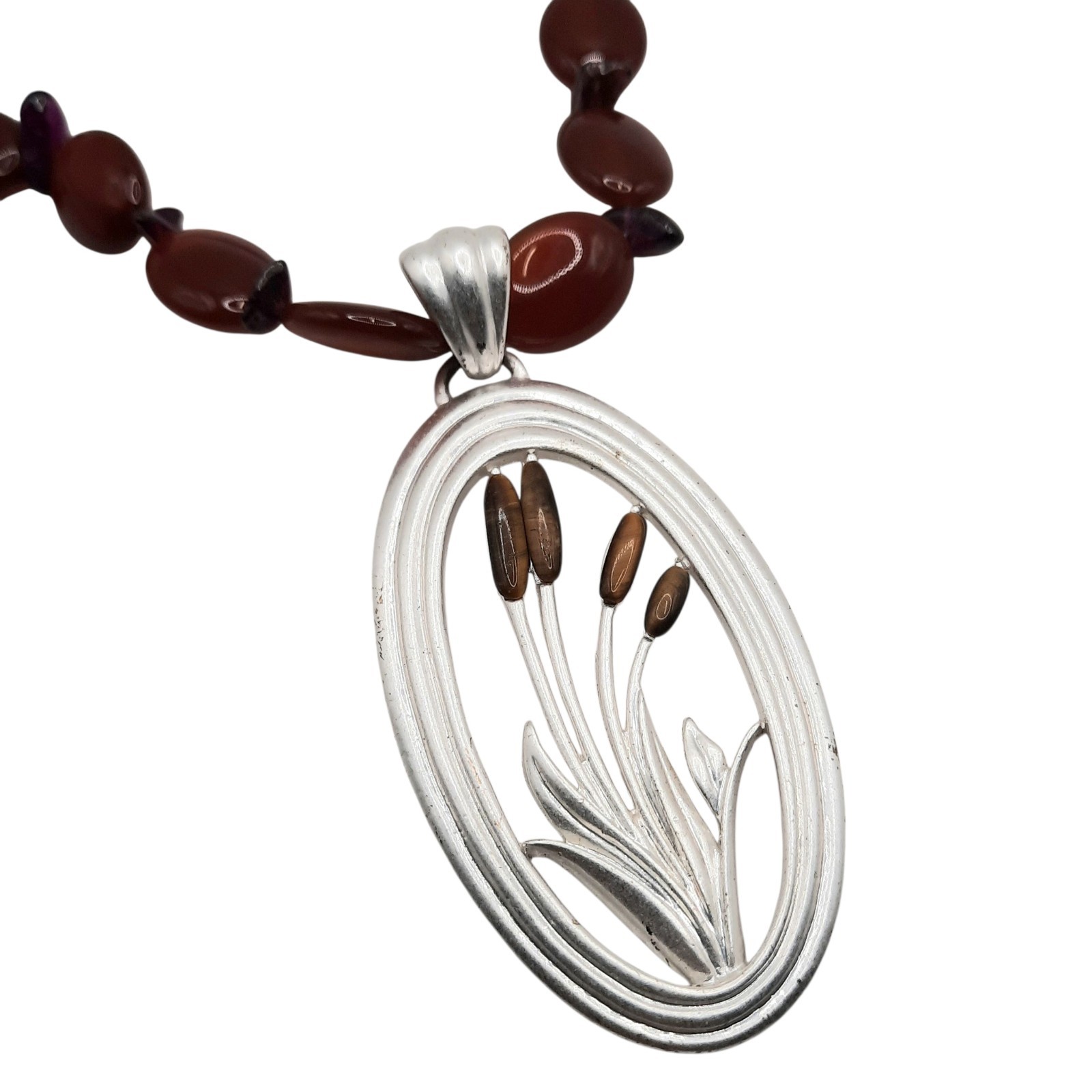 Cattail Pendant Necklace Tigers Eye Carnelian & Garnet Leather Cord 16-18.5″