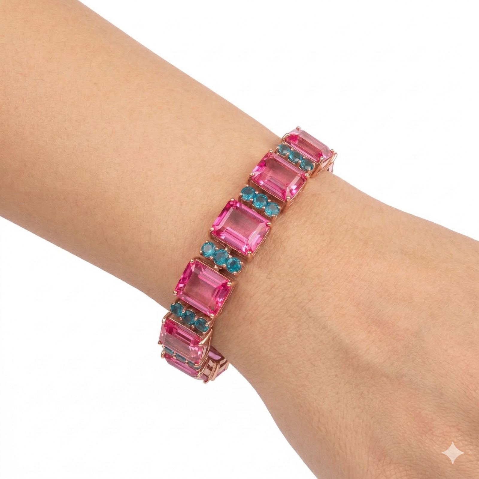 Thai Handmade Pink Mystic Topaz(114.2 ct.) Sea Foam Blue Zircon Bracelet 7.5 In.