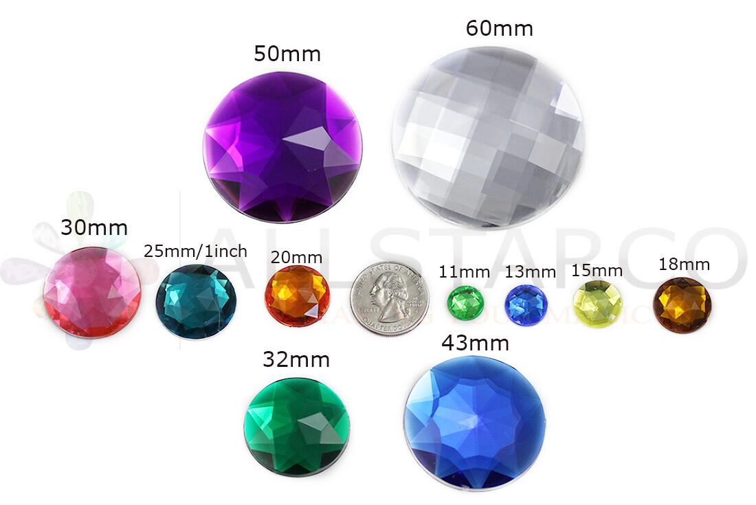 25mm Flat Back Round Acrylic Jewels Plastic Rhinestones 20 Pieces – 21 Colors