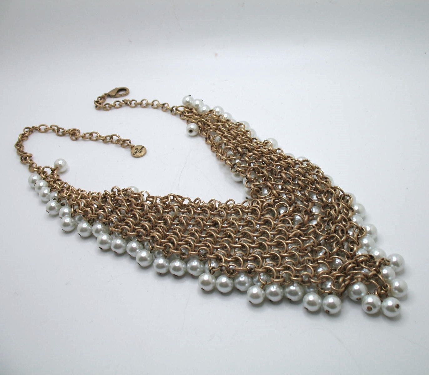 Vintage RJ Graziano statement bib necklace Goldtone chainmail and faux pearls