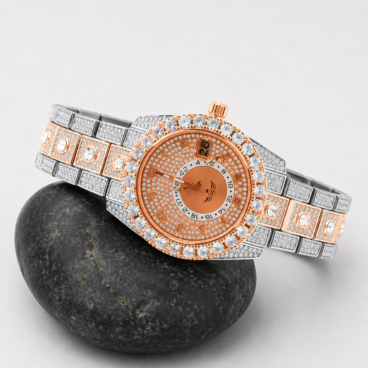 Men’s Two Tone Rose Gold Silver Bling Watch CZ Crystal Bezel Quartz Date 40mm