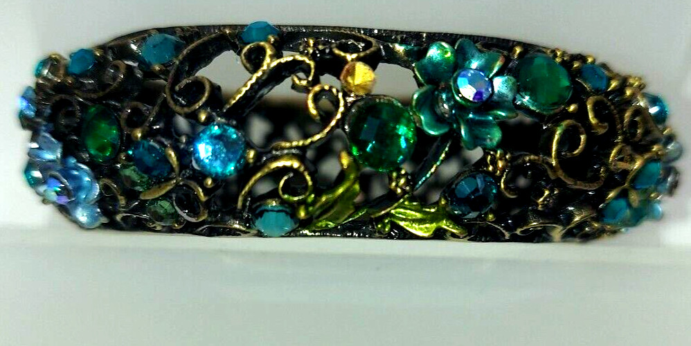 Jewelry Brass Clasp Bracelet w/Blue and Green Gems Floral Pattern 2.25 in As Is